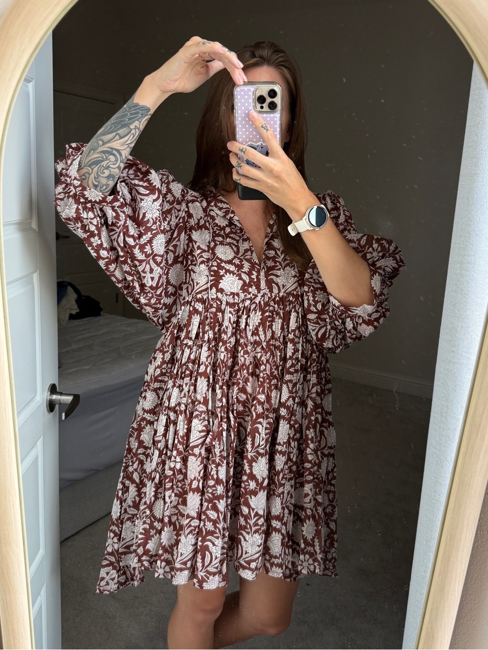Daughters of India Brown and White Floral Tiered Mini Dress